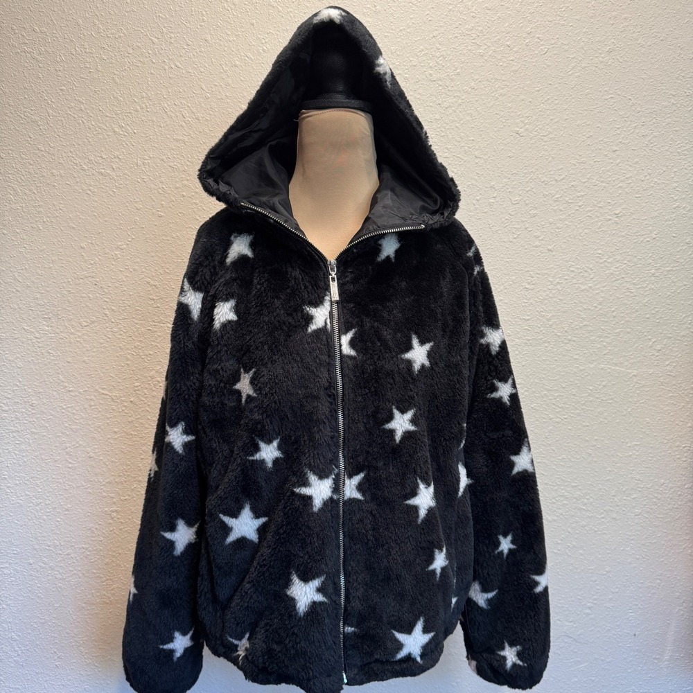 L2 Women Black Faux Fur Star Print Zip Up Hooded Jacket Large 728-1733KS1